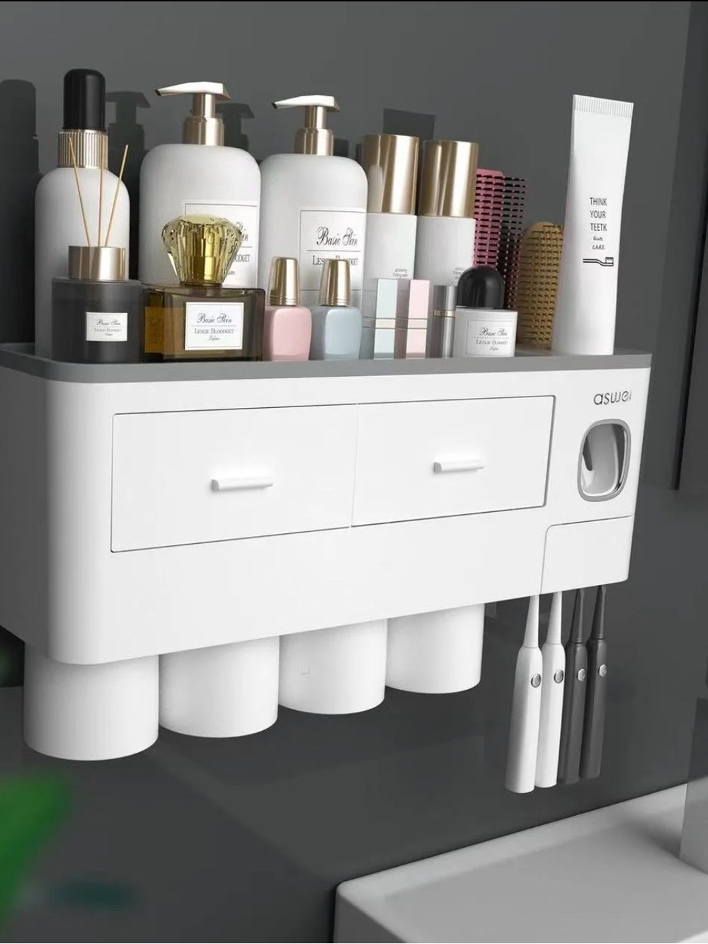 White Wall-Mounted Bathroom Organizer with Toothbrush Holders